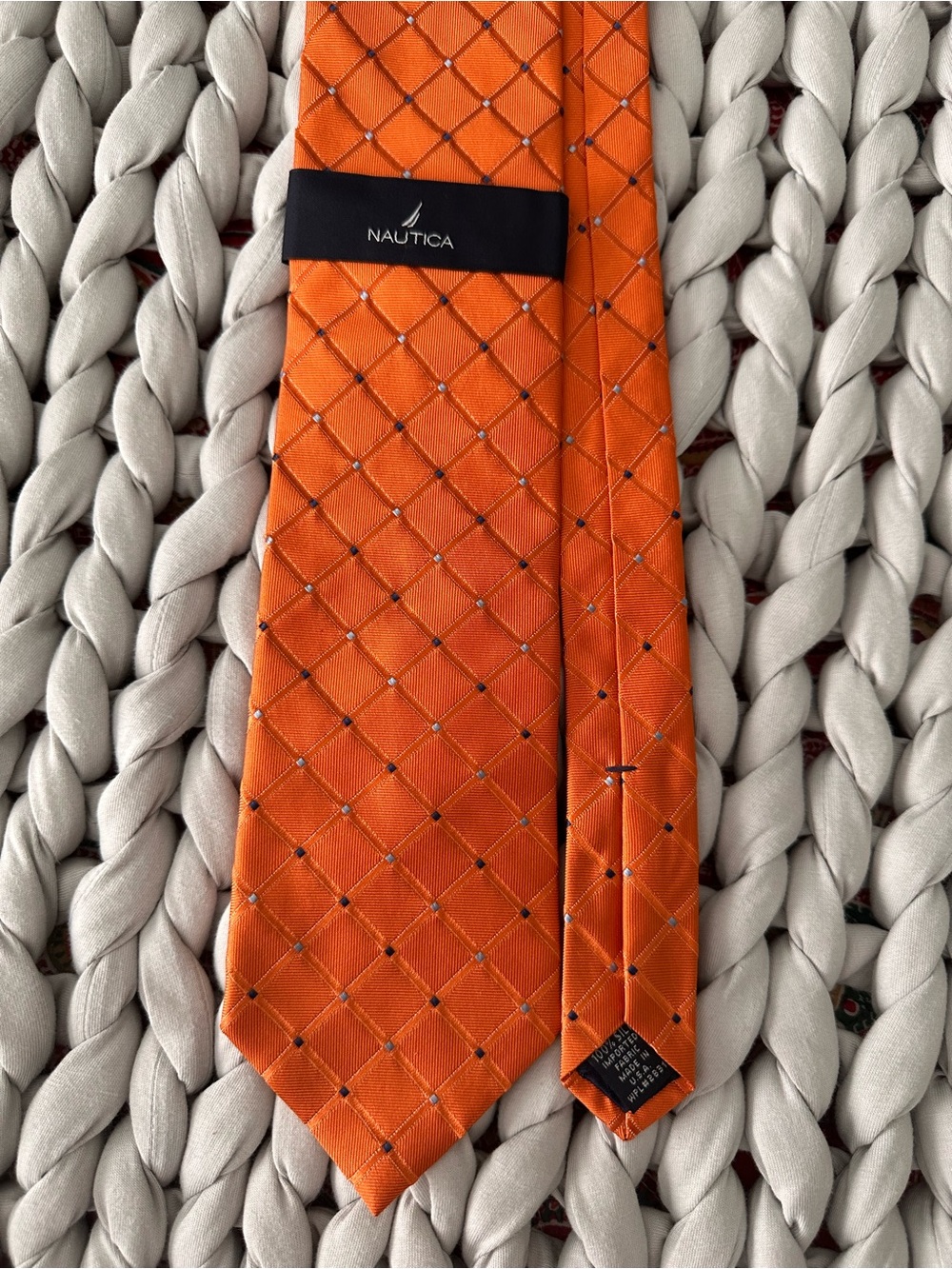 Nautica Orange Diamond-Grid Silk Tie with Navy Accents